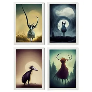 POSTER Set mit 4 Wald Tier im T Burton Goth Stil A3 Weißer Rahmen