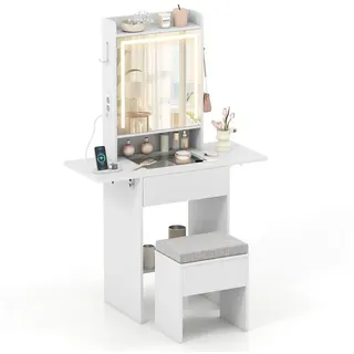 COSTWAY Schminktisch (1-St), Frisiertisch mit Glasplatte, LED Spiegel, Steckdosen, Hocker weiß 94 cm x 147 cm x 41 cm
