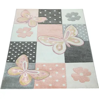 Paco Home - Kinder Teppich Kinderzimmer Bunt Rosa Schmetterlinge Karo Muster Punkte Blumen 80x150 Cm