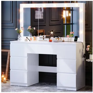 Furnicopia Schminktisch Großer verspiegelter Schminktisch mit sieben Schubladen (Abmessungen: 120 × 40 × 140 cm, 2 Steckdosen, 1 USB-Anschluss, 1 Typ-C-Anschluss. Spiegeldurchmesser: 106 cm. Inklusive Schmuckschrank mit speziellen Fächern für Halsketten, Ringe und Ohrringe-ostern geschenke) Schminktisch | 120 cm
