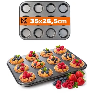 KADAX Muffinform 35 x 26.5 X 3 cm, Backform für 12 Muffins, aus Stahl, große Wölbungen, optimale Hitzeverteilung, nicht anbrennbare, flexibel Backblech für süße Backwerk