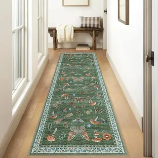 Siunwdiy Grüner Küchenläufer rutschfest Waschbar,Weicher Kurzflor Teppich Vintage Schmetterlinge Muster 80×200 cm, Maschinenwaschbar,Bettvorleger für Küche,Schlafzimmer,Vorzimmer,Wohnung