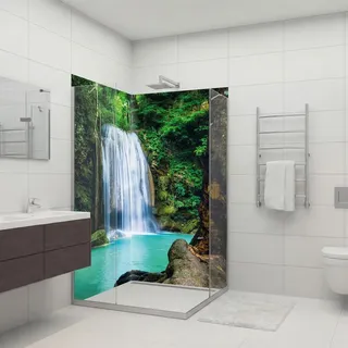 dedeco Eck-Duschrückwände Aluminium wasserfest Motiv: Wasserfall V1, 2 x 90x200x0,3cm, Badrückwand, Fliesenersatz fugenlos Wandverkleidung Wandp...
