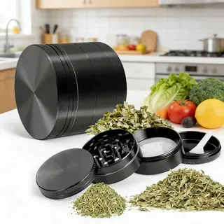 4-Teilige Kräutermühle aus Edelstahl Metall Klein Grinder Crusher Ø 4.9cm mit Pollen Scraper Manueller Gewürz Crusher Pfeffermühlen für Gewürze, Kräuter (Schwarz) -C1Q
