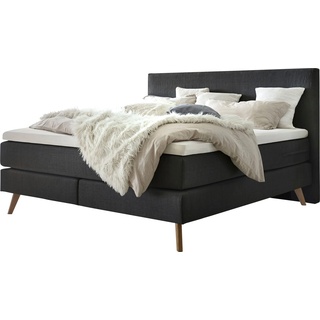 Boxspringbett HASENA "Costa" Komplettbetten Gr. Flachgewebe Massivholz Matratze H3, mit Topper Agrea, Liegekomfort medium, Liegefläche B/L: 140 cm x 200 cm, H3, Tonnentaschen-Federkernmatratze, braun (anthrazit, eiche bianco) Boxspringbetten ohne Bettkasten Massivholz-Füße in Eiche und Tonnentaschen-Federkernmatratze