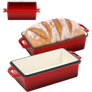 Northriver Casting Brotbackform aus emailliertem Gusseisen, 22,9 x 12,7 cm, perfekte Sauerteig-Backformen, gleichmäßige Wärmeverteilung für hausgemachtes Brot, Kuchen, Hackbraten, 2-teiliges Set, rot