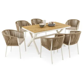 Gartenmöbelset ISOLA Weiß/Beige - Outdoor Essgruppe mit 1 Tisch und 6 Stühlen, inkl. Sitzkissen, Tisch und Stühle aus Alu, bespannt mit Rope, T... - Weiß