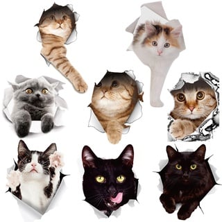 LAKSOL 8 Stück 3D Katzen Sticker, Aufkleber für Toilettendeckel Niedliche Katzen Wandaufkleber Poster 3D Katzen Wandbild Wasserdichte Heimdekoration Wandaufkleber für Badezimmer