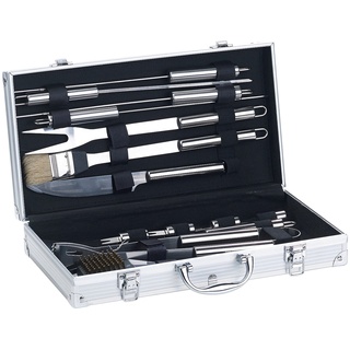 Rosenstein & Söhne 14-teiliges Edelstahl-Grillbesteck-Set, Aluminium-Koffer, Grillbürste