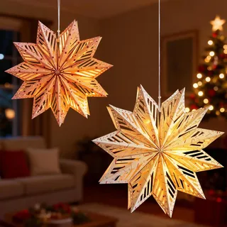 2 Stück Papierstern Beleuchtet, 40cm Papiersterne zum Aufhängen mit Licht Weihnachtsstern Beleuchtet 3D Faltstern Papiersterne Weihnachten Leuchtsterne Weihnachten Papier Faltsterne für Deko (D)