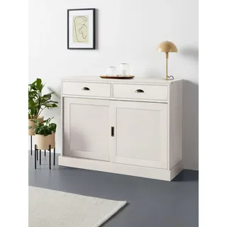 loft24 Sideboard Meghan - Anrichte Schrank Küchenschrank Mehrzweckschrank, 2 Schubladen, 2 Schiebetüren, Kiefer, Landhausstil weiß
