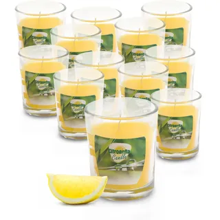 Citronella Duft Kerze im Glas 6 x 5 cm - 12 Stück - Duftlicht mit Zitronen Aroma - Garten Balkon Camping Bistro Licht 20 Std. Brenndauer