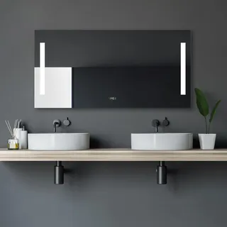 Badspiegel mit Beleuchtung Talos Star 120 x 60 cm Wandspiegel - hochwertiger Aluminiumrahmen mit Kippschalter - eingebaute Digitaluhr - Lichtspiege...