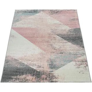 Paco Home Teppich Wohnzimmer Grau Weiß Rosa Pastell Dreieck Muster Vintage Design Kurzflor, modernes Pastell-Farben, Used-Optik
