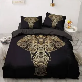 Bettwäsche-Set 155x220cm Schwarz Gold Elefant Mikrofaser mit Reißverschluss