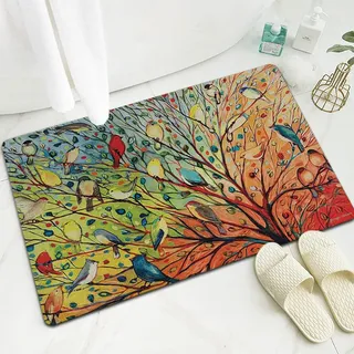 ZZDXW Fußmatte Bunter Baumvogel Schmutzfangmatte rutschfeste Badteppich Innenbereich Außen Waschbar Maschinenwaschbare Fußmatten(60x90cm)