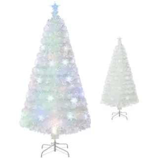 KOMFOTTEU Künstlicher Weihnachtsbaum mit Bunte Beleuchtung, Tannenbaum Christbaum Weiß mit Schneeflocken/LED Sternspitze, Christmas Tree faltbar für Zuhause Büro Geschäfte (150 cm)
