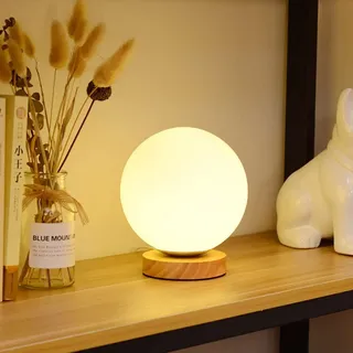 Chao Zan Tischlampe Runde Kugel Wohn- & Schlafzimmer, Holz & Milchglas, Nachttischlampe, 17 x 12 x 12 cm, weiß/Holzfarbe