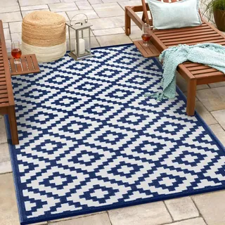 Green Decore Outdoor-Teppich Nirvana, wendbar, leicht, Kunststoff, 120 x 180 cm, Marineblau/Weiß