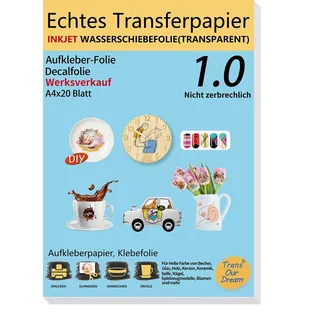 TransOurDream DIN A4X20 Blatt(TRANSPARENT) ECHTE Inkjet Wasserschiebefolie,Kerzentattoos,water silde paper,Bedruckbares Aufklebepapier für Spielzeugmodelle,Tassen,Keramik, Glas,Kerze