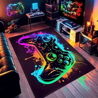 Game 3D Controller Bereich Teppich 100 x 150 cm, Gaming Teppich Rutschfeste Fußmatte Graffiti Spielkonsole Dekoration, Waschbar Gamer Teppich Carpets für Gamer Jungen Teen Schlafzimmer Wohnzimmer (F)