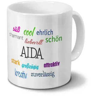 Tasse mit Namen Aida - Motiv Positive Eigenschaften - Namenstasse, Kaffeebecher, Mug, Becher, Kaffeetasse - Farbe Weiß
