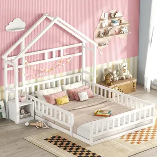 Kinder-Hochbett 140 x 200 cm mit Stauraum, Schutzgittern und Nachttischen, Weiß - Weiß