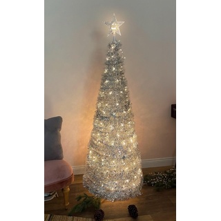 Pop Up Spiral Weihnachtsbaum 150 cm mit 120 LED und Stern Spitze - Silber - Künstlicher Tannenbaum warm weiß beleuchtet für Außen und Innen - Weihnachts Deko Garten Beleuchtung mit Stecker