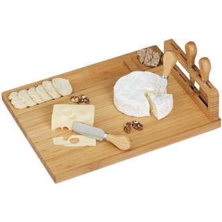relaxdays 10028826 Käsebrett mit Besteck, Käseplatte mit Käsegabel und-Messer aus Edelstahl, Bambus Käsescheidenbrett, Natur