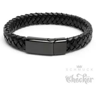 Breites schwarzes Herren-Armband aus echtem Leder geflochten Edelstahl Schließe