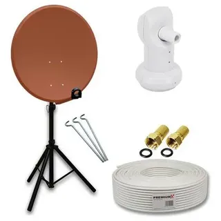 PremiumX Camping Satelliten-Komplettanlage 80cm Satellitenschüssel Rot SAT Single LNB 10m Kabel F-Stecker Dreibein-Stativ