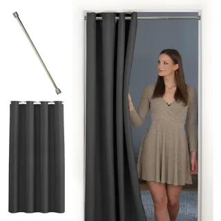 tinycurtains Türvorhang mit Stange silber 70-120 cm Thermo Vorhang ohne Bohren, blickdicht, Ösen, abdunkelnd, Polyester, blickdicht, Anthrazit Nebula, Türgardine mit Klemmstange verdunkelnd grau 150 cm x 210 cm