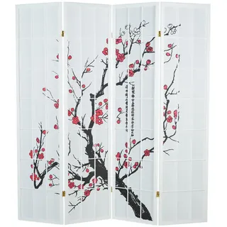 Homestyle4u Paravent Weiß Holz Shoji Reispapier Kirschblüten Shoji
