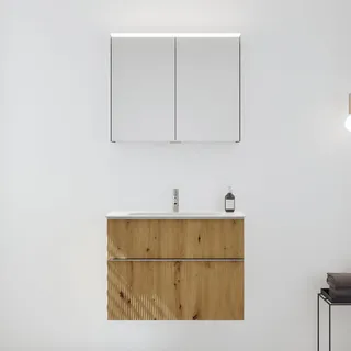 burgbad Fiumo 2.0 Badmöbelset 82 cm mit Waschtisch mit Unterschrank mit Griff G0146 und Spiegelschrank, Badmöbel,