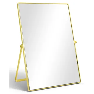 TSKDKIT Kosmetikspiegel Schminkspiegel Mit Metallrahmen Gold Chrom | 31L x 22.5W cm Tragbar Tischspiegel Standspiegel für Tisch, Badezimmer, Kommode, Wohnzimmer, Schlafzimmer, Büro, Rechteckig