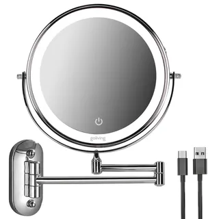 Goliving Make-up-Spiegel mit Beleuchtung - Ø25 cm - 10-fache Vergrößerung - Dimmbarer LED-Rasierspiegel - USB-C wiederaufladbar - Doppelseitig -... - Silber