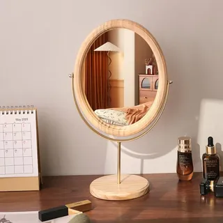 Hosoncovy Schreibtischspiegel aus Holz mit Ständer, Schminkspiegel, runder Sockel, Tischspiegel mit Ständer, oval, freistehend, Badezimmerspiegel (Gold-Gelb)