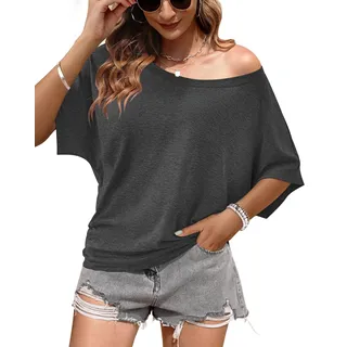 WNEEDU Schulterfreies Oberteil Damen Sommer Fledermaus T Shirt Longshirt | Off shoulder top, lässig basic locker Rundhals shirt - M
