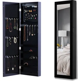 HOMCOM Wand Schmuckschrank mit Haken und Fächern aus Holz, Schmuckschrank mit Spiegel für Ohrringe, Halsketten und Ringe, 37x9.5x121 cm, Schwarz   Aosom