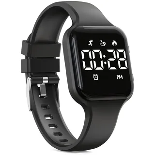 Focwony Digitale Kinderuhr, Schrittzähler, wasserdicht, Fitness-Tracker, Armbanduhr mit Schrittzähler, LED-Anzeige, Stoppuhr für Kinder, Jungen, Mädchen, Teenager (Schwarz)
