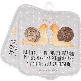 Mr. & Mrs. Panda 2er Set Topflappen Schnecken Liebe - Geschenk, Partner, Ofenhandschuh, Topfuntersetzer, Topflappen lustig, Verlobung, glücklich,
