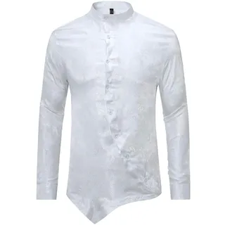Sliktaa Herren Hemd Langarm Slim Fit Asymmetrisch Stehkragen | Elegantes Herren Oberhemd im Slim Fit Cut mit Jacquard Paisley Muster und Stehkragen. Ideal für Party, Hochzeit und Freizeit. - XL