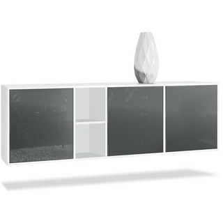 Vladon Sideboard Cuba (Kommode, mit 3 Türen und 2 offene Fächer), Weiß matt/Grau Hochglanz (182 x 53 x 35 cm) grau