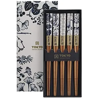 ToKYO Design - Flora Japonica Essstäbchen, Sushi-Stäbchen, Chopsticks aus Holz, 5-er Set, asiatische, japanische Motive, blau-weiß, 22,5 cm lang, inkl. Geschenke-Verpackung