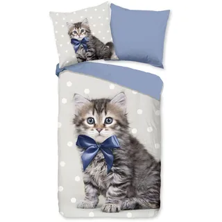 Kinderbettwäsche GOOD MORNING "Mae", blau, B/L: 135cm x 200cm, 1 Stk., 1 Stk., Renforcé, B/L: 80cm x 80cm, 2 Stk., Renforcé, Obermaterial: 100% Baumwolle, Bettwäsche, 100% Baumwolle, 135x200, Reißverschluss, Wende, Kind, Katze, Blau Grau