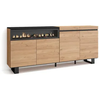 SKRAUT HOME Sideboard, Schrank, Küche, Schrank, Diele, 200x35x87cm, 4 Türen, Elektrischer Kamin, Industriedesign, Moderner Stil, Eiche und schwarz _ 63_4