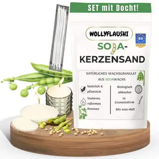 wollyflaushi Sojawachs Kerzensand 2 kg mit Docht Kerzenwachs Pflanzlich | Pflanzliche Wachs aus Soja - Rußarm lange Brenndauer, mehrfach verwendbar - Kerzenwachsgranulat Natur eigenduft