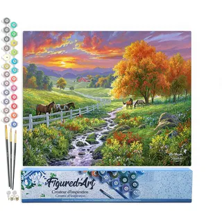 Figured'Art Malen Nach Zahlen Erwachsene Landschaftlicher Sonnenuntergang und Pferde - Paint by Numbers Basteln DIY Bastelset 40x50cm ohne Holzrahmen