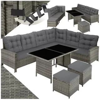 tectake Loungeset Rattan Lounge für 6 bis 8 Personen, mit Sicherheitsglasplatten, (Loungemöbel Barletta, 6-tlg., in grau-meliert/grau), widerstandsfähig, UV-beständig, dicke Rückenkissen grau 63,00 cm x 75,00 cm x 63,00 cm