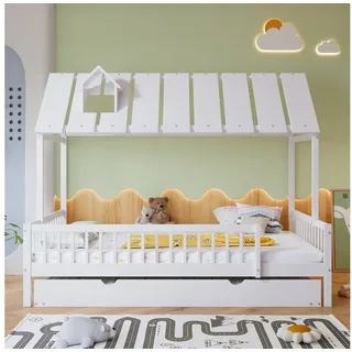 REDOM Kinderbett Funktionsbett, Gästebett,Jugendbett (Hausbett mit Rollbett und Kaminleiste – Kinderbett aus Kiefer & MDF, 120x200/190 cm, 3-seitiges Gitter für Sicherheit, 120x200/190cm), ohne Matratze weiß